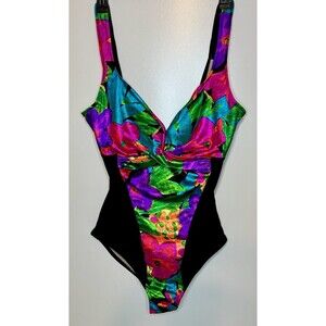 Vtg Slim Suit Swimsuit One Pc. Size 16 Tropical Black